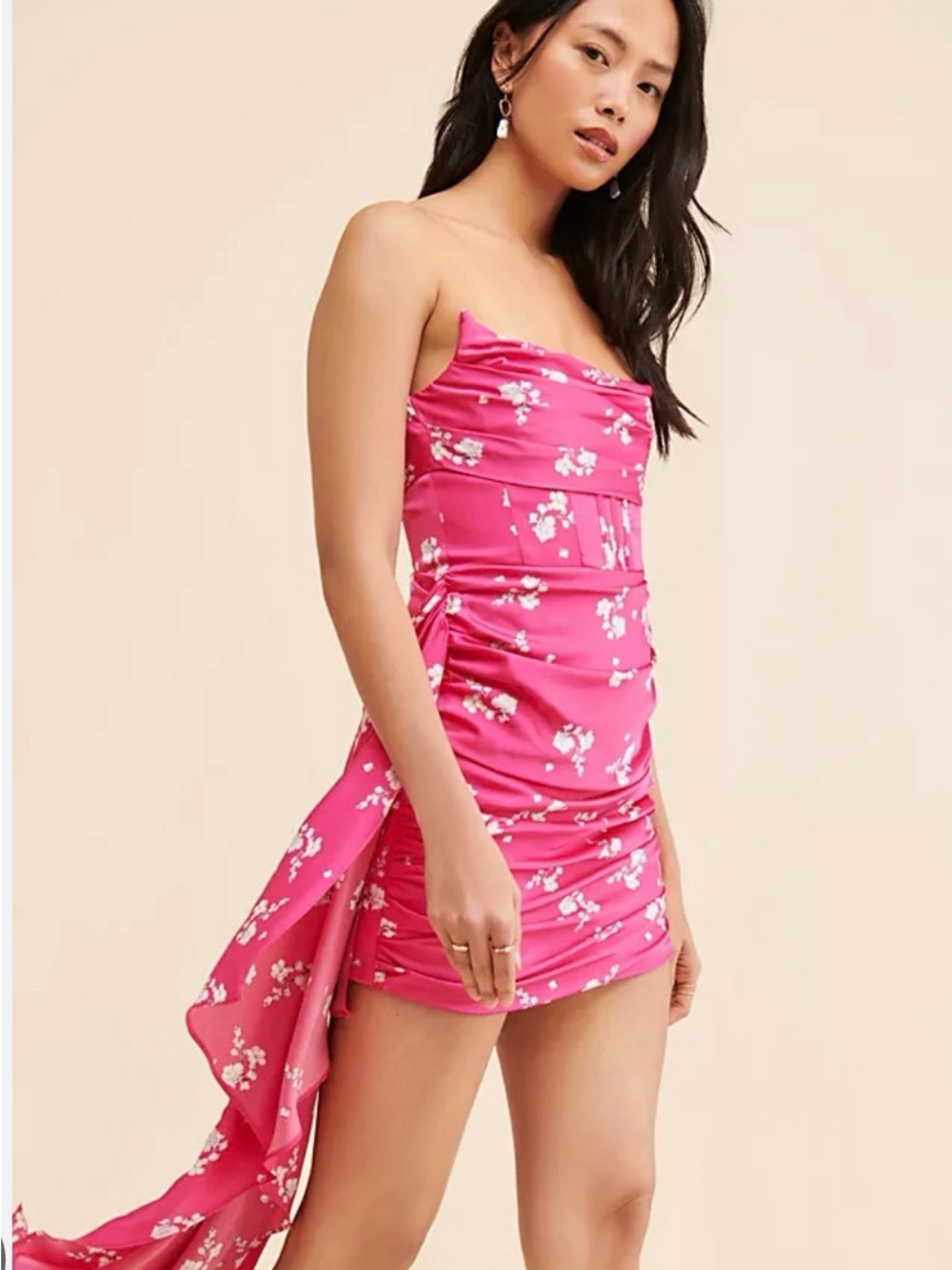 Bardot Pink Floral Strapless Ruched Mini Dress